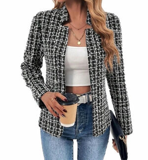 NEW Mina Self XL Open Blazer Jacket Black White Tweed Lined Pockets Office